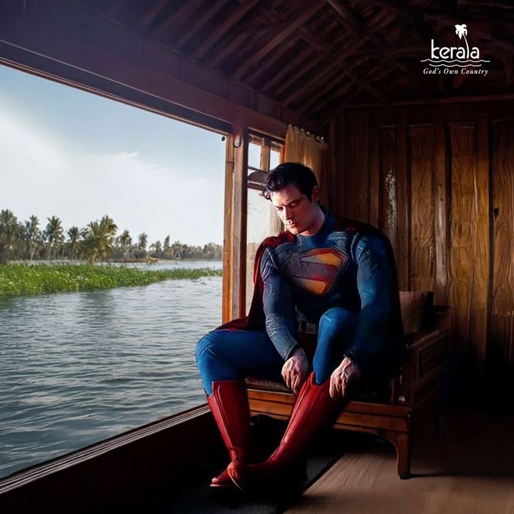 Superman resting on a Kerala houseboat